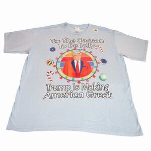 Tis The Season To Be Jolly Trump Men’s XL Baby Blue Crewneck Graphic T-Shirt Tee